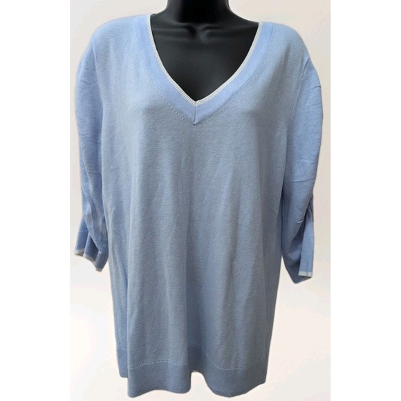 J. Jill Sweaters - J. Jill V Neck Sweater Size Medium Gathered Sleeve Cotton Blend Soft Blue NWT